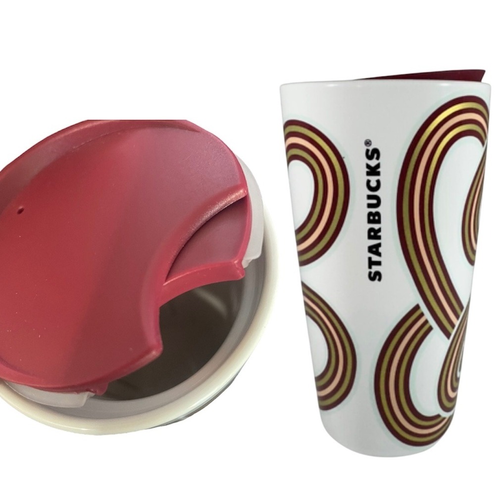 Starbucks 2024 Fall‎ White Gold Maroon Ribbon Ceramic 12 oz Tumbler New